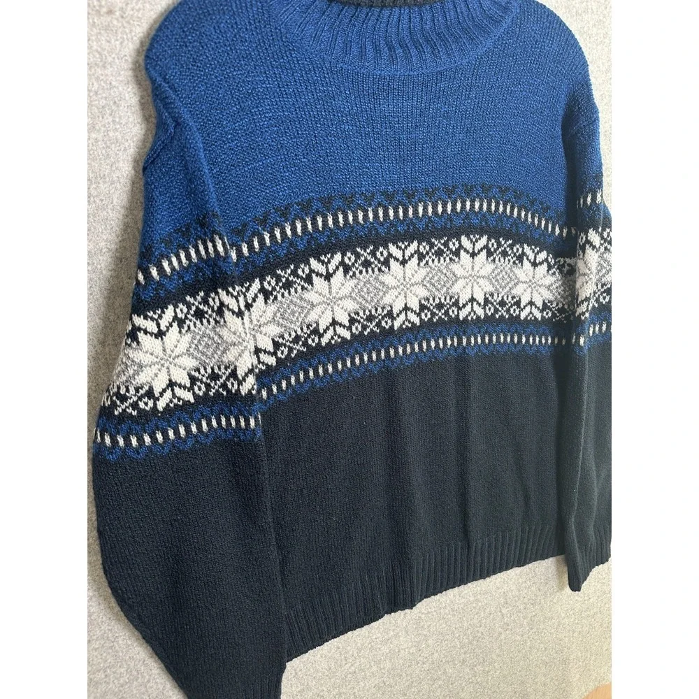 Vintage Carolyn Taylor Sweater XL Fair Isle Blue White Long Sleeve Turtleneck